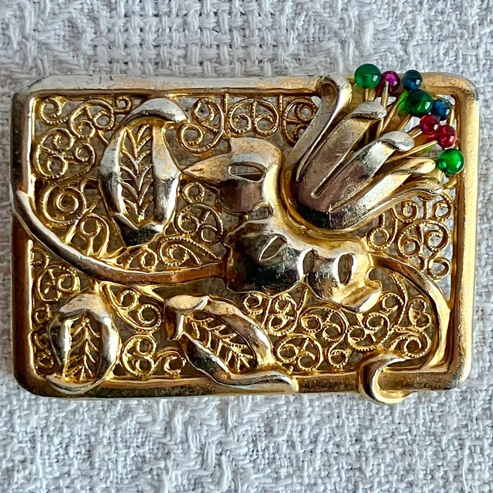 Gold Tone Metal & Plastic Floral Rectangular Brooch Pin Unsigned